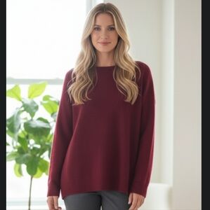 Eileen Fisher Cashmere Silk Cranberry Burgundy Red Boatneck Ribbed Knit Sweater